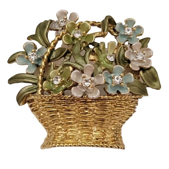 Gold Tone Blue, Green Enamel Clear Rhinestone Basket Of Flowers Brooch Pin K799