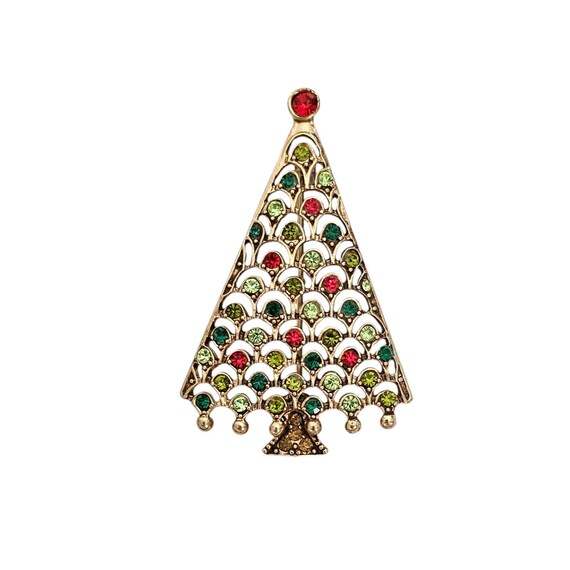 Vintage Green Red Rhinestone Christmas Tree Brooch L632