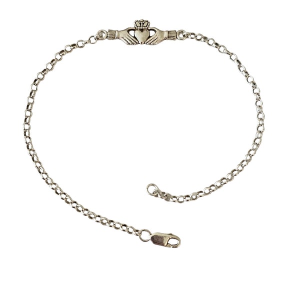 JMH Ireland Sterling Silver Claddagh Ankle Bracelet 10.5" Long, Signed L45