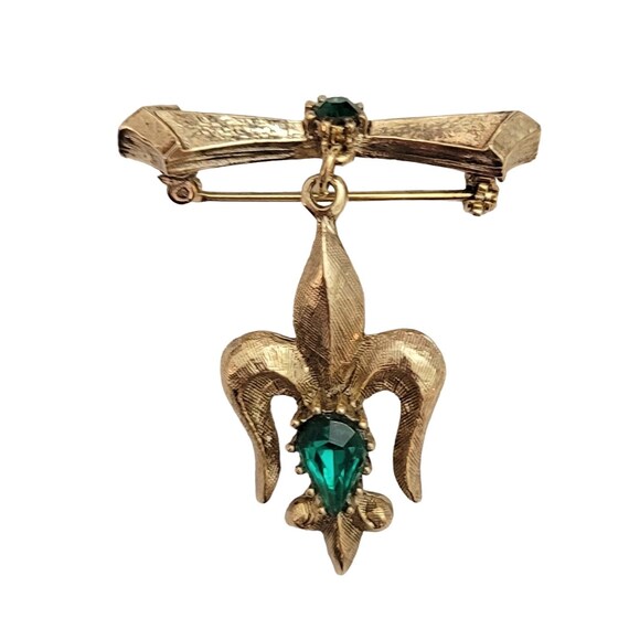 Gold Tone Fleur De Lis Green Rhinestone Dangle Bar Pin Brooch E180