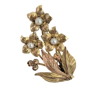 12k Yellow, Rose Gold Pearl Flower Brooch Pin, 6.37 Grams M379