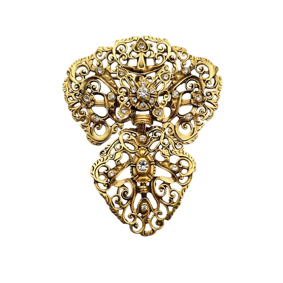 MMA Clear Rhinestone Hinged Dangle Brooch Flower Pendant Pin Signed J840