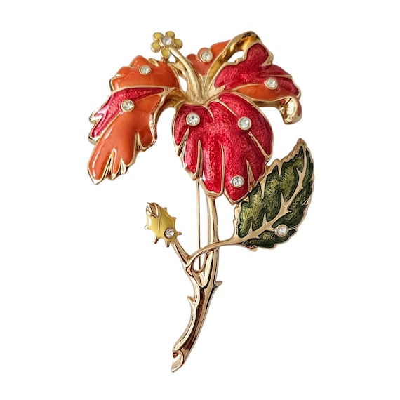 Barrera For Avon Hibiscus Brooch Orange Red Green Enamel Clear Rhinestone Statement Pin, Signed L564