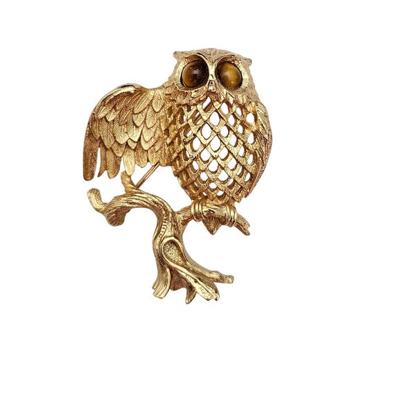 Napier Owl Brooch Glass Tiger Eye Cab Vintage Pin Signed, J731