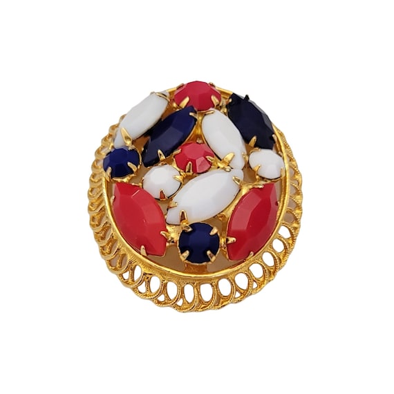 Gold Tone Red White Blue Prong Set Rhinestone Patriotic Oval Filigree Pin Brooch K230
