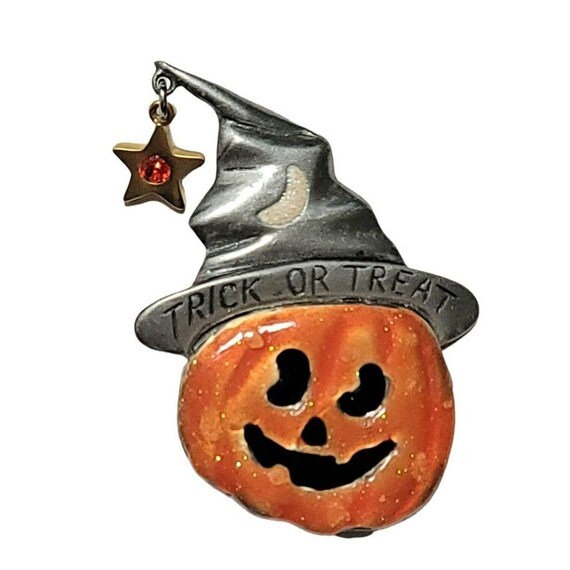 AJMC Pumpkin Halloween Trick or Treat with Crescent Moon Vintage Brooch, Signed