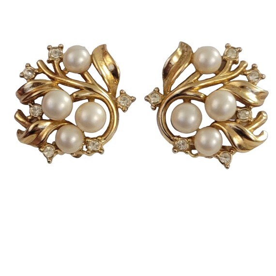 Trifari Crown Over T Faux Pearl, Clear Rhinestone Leaf Clip-On Earrings, Signed K958