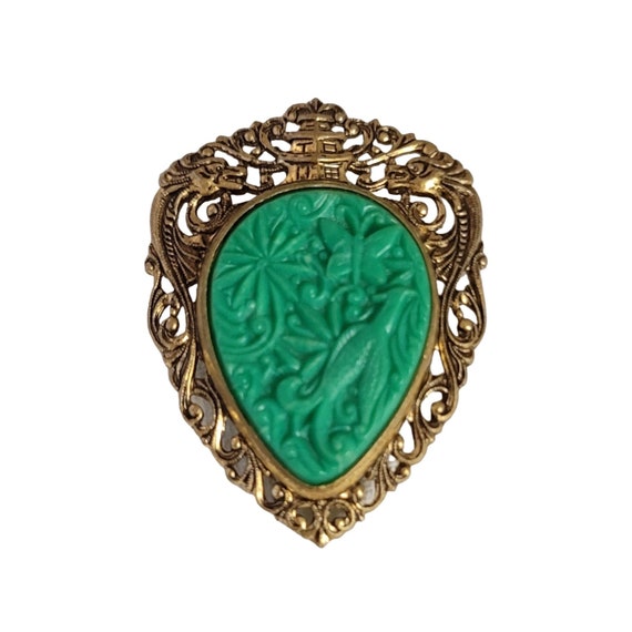 Gold Tone Asian Style Dragon Open Molded Plastic Inlay Brooch Pendant E03