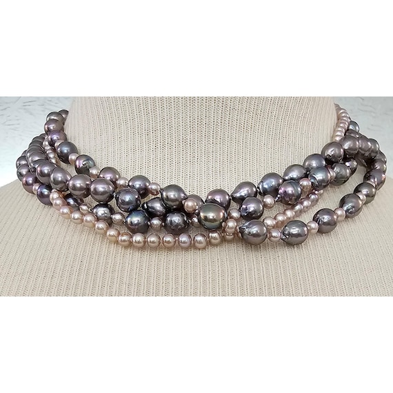 Peacock Tahitian Style Pink Multi Strand Knotted Pearl Necklace Sterling Box Clasp J458