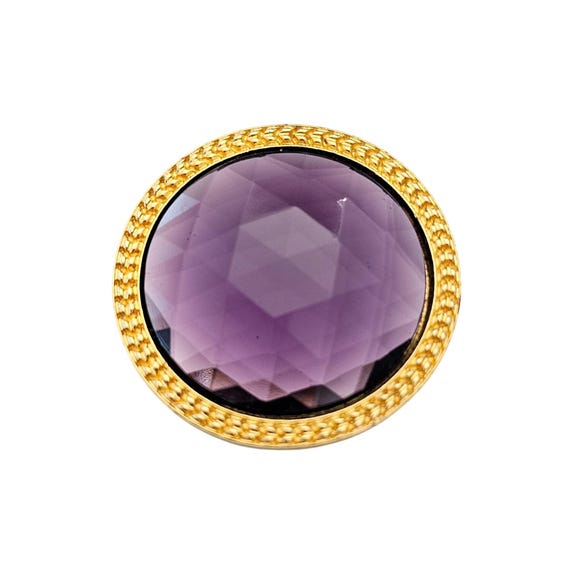 MMA Purple Faceted Glass Brooch Round UV Reactive Pin Pendant Signed, J826