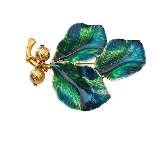 Blue Green Vintage Leaves Brooch Brass Bead Enamel Wired Leaf Pin J319