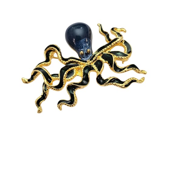 MFA Museum of Fine Arts Teal Blue Octopus Brooch, Pearly Enamel Pin Signed, J724