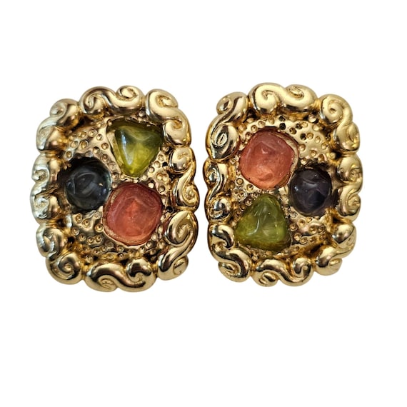 Modernist Gilt Style Clip-On Pink Green Lucite Square-ish Earrings J836