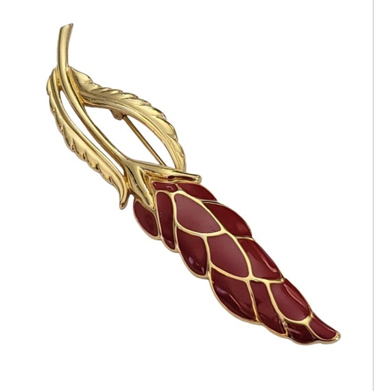 Monet Gold Tone Red Enamel Wheat Frond Leaf Brooch Pin, Signed M736