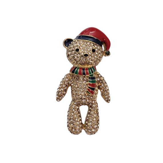 Gold Tone Clear Pave Rhinestone Red Enamel Santa Bear Brooch Pin E905