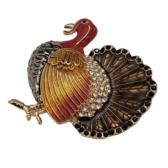 Napier Clear Rhinestone Red Smokey Enamel Turkey Brooch Pin, Signed K682