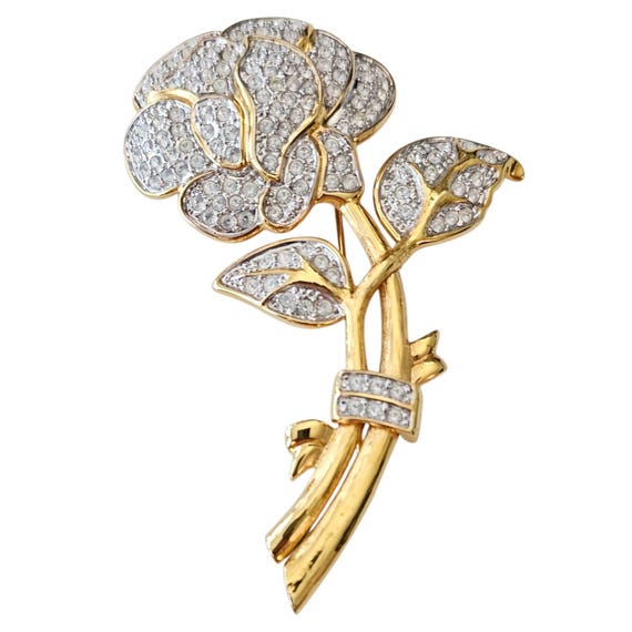 Nolan Miller Stemmed Rose Brooch, Gold Tone Clear Pave Pin Signed, J40