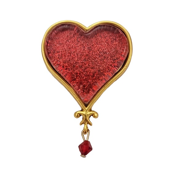 Gold Tone Red Glass Heart Crystal Dangle Lapel Scatter Pin K869