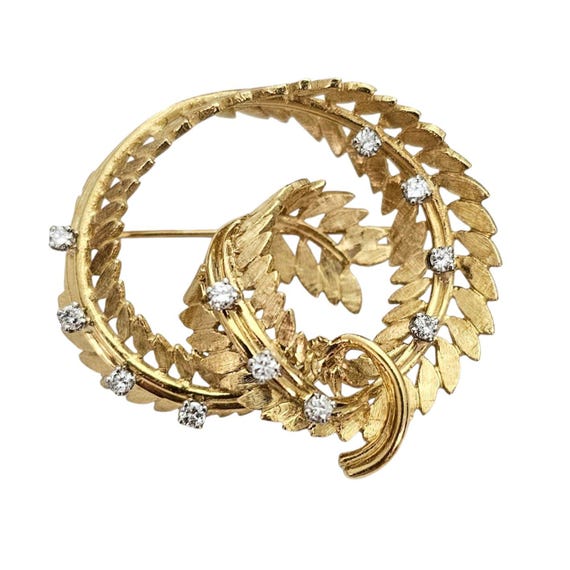 18K Yellow Gold Clear Stone Feather Laurel Leaf Round Knot Brooch