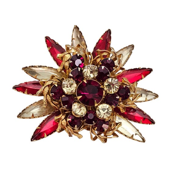 Red Glass And Lucite Rhinestone Cluster Flower Burst Brooch L315