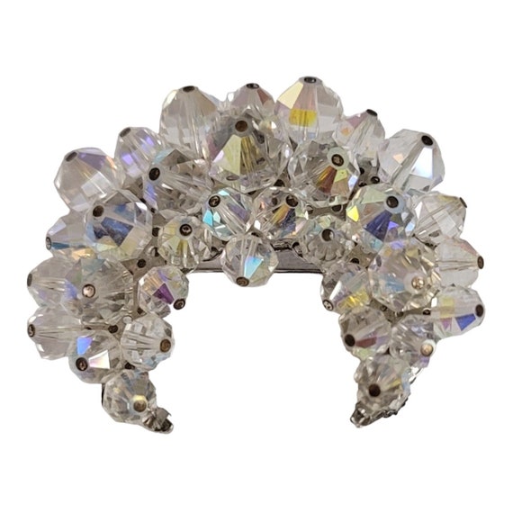 Silver Tone AB Cluster Beaded Crescent Moon Style Brooch Pin E20