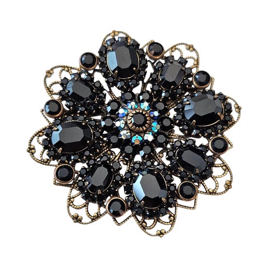 Liz Palacios Black Rhinestone Brooch Blue AB Filigree Flower Pin, Signed