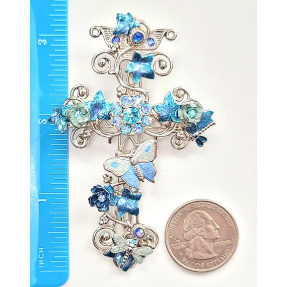 Kirks Folly Sulvertone Blue Enamel AB Rhinestone Cross Brooch