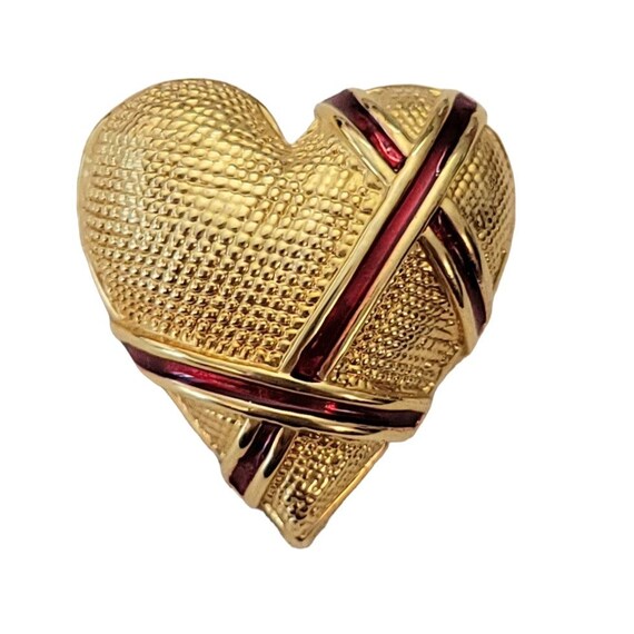 Garnay Gold Tone Red Enamel Heart Pin Brooch Pendant, Signed E960