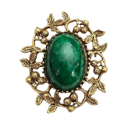 Goldette Green Mottled Glass Cab Brooch Oval Berries Leaf Pin Signed J339