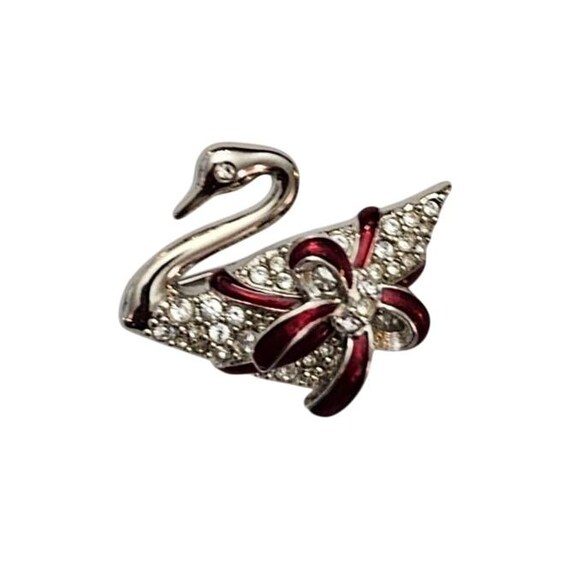 Swarovski Clear Crystal Swan Brooch Red Enamel Ribbon Pin, Swan Logo Marked J771