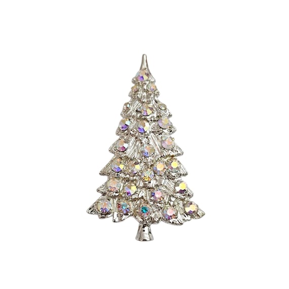 Silver Tone Christmas Tree Brooch AB Snowflake Rhinestone Pin