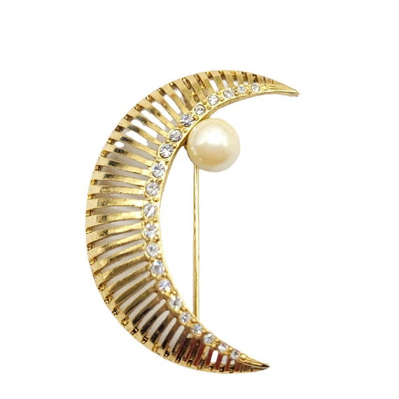 Oscar De La Renta Gold-Tone Crescent Rhinestone Faux Pearl Pin Brooch