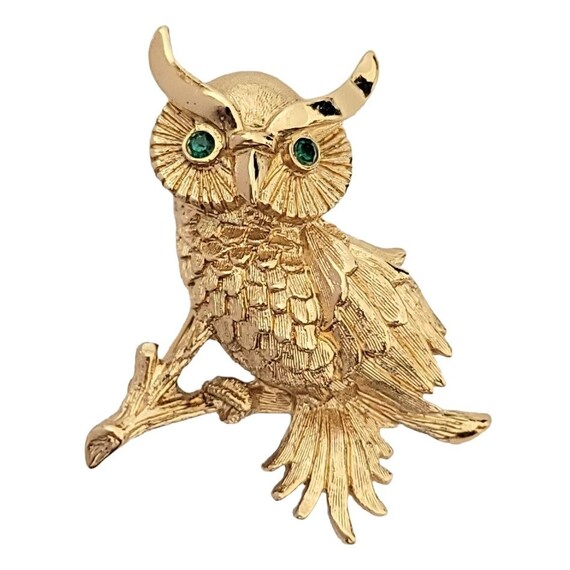 Monet Gold Tone Green Rhinestone Eyes Owl Brooch Pin, Signed M109