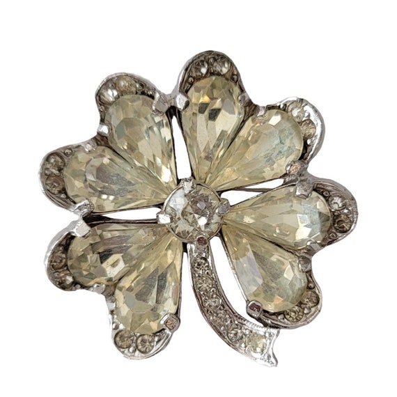 Eisenberg Rhodium Plated Rhinestone Four Leaf Clover Brooch Pin, Signed E298