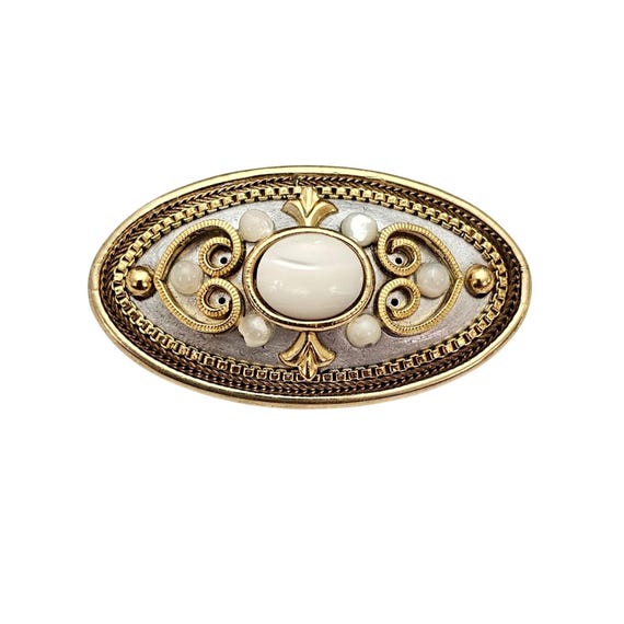 Michal Golan Oval Brooch MOP Cabochon Heart Scroll Pin Pendant Signed, J747