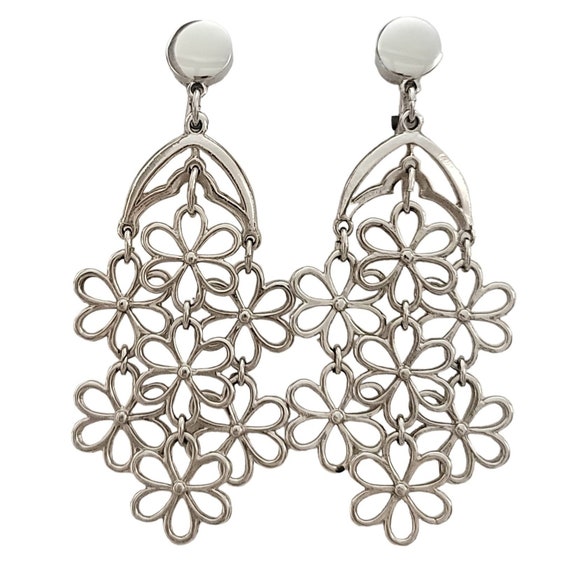 Trifari Crown Over T Vintage Silver Tone Flower Chandelier Dangle Clip-On Earrings, Signed K716