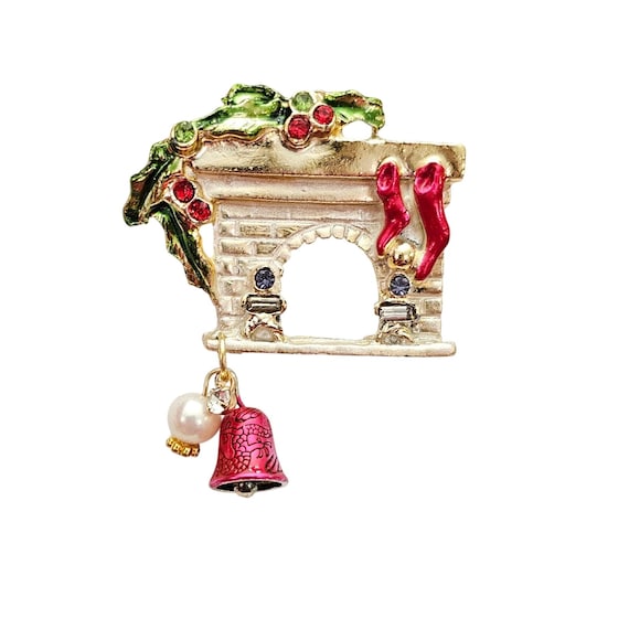 Vintage Fireplace Christmas Brooch Pearl Bell Dangle Charms, Rhinestone Pin J953