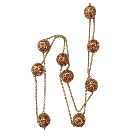 Modern Style Round Coral Orange Enamel Gold Tone Orb, Ball Stations Charm Necklace E546
