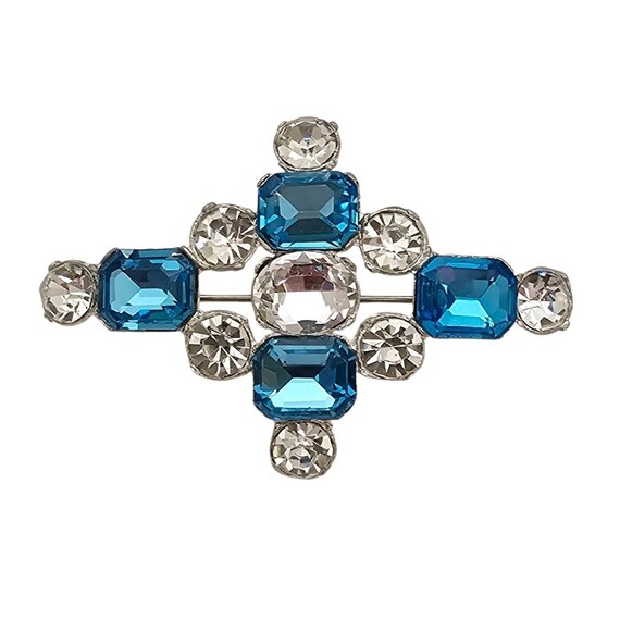 1940 Light Blue Clear Rhinestone Cross Brooch Pot Metal Pin, New Old Stock