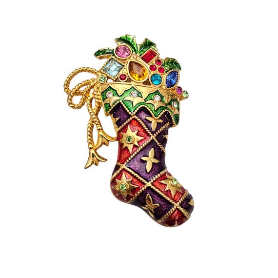 Christopher Radko Stocking Brooch Rhinestone Enamel Pin Pendant, Signed