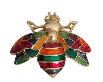 ヴィンテージ　カットガラス　ブローチ　② Don-lin Gold Tone Multi Color Enamel Wasp Fly Insect Brooch