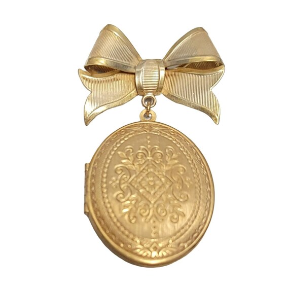 Miriam Haskell Gold-Tone Ribbon Bow Tie Oval Locket Pin Brooch