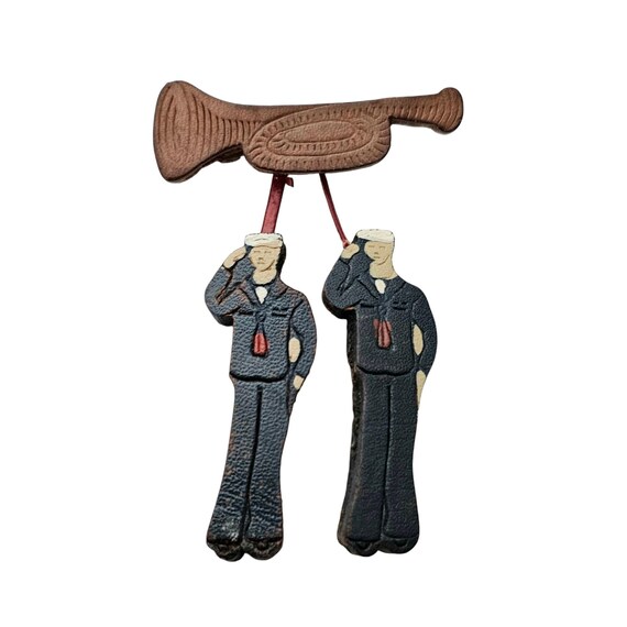 Vintage Blue Sailor Bugle Pin, Leather C Clasp L597