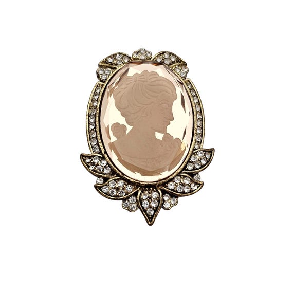 Pink Glass Reverse Cameo Brooch Clear Rhinestone Pin C878