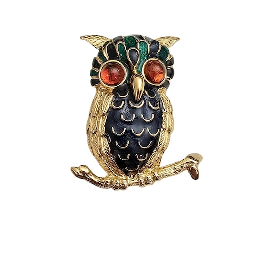 D’Orlan Owl Brooch, Orange Glass Cab Blue Green Enamel Pin Signed, C999