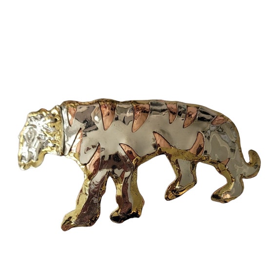 Gold Tone Brass Copper Tiger Brooch Pendant E646