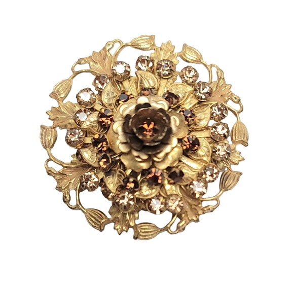 Miriam Haskell Goldtone  Round Leafy Filigree Topaz, Champagne Rhinestone Cluster Brooch Signed