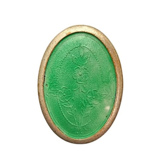 Green Gloss Enamel Art Deco Style Oval Floral Pin J784
