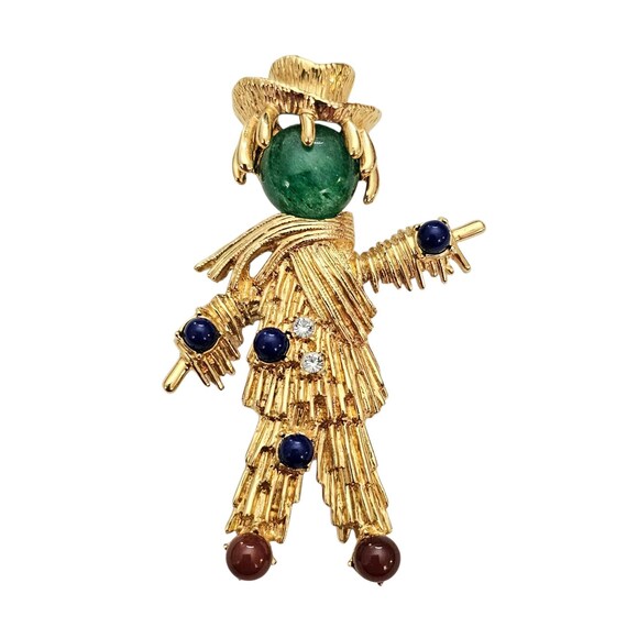 JBK Jackie Kennedy Scarecrow Brooch Green Glass Cab Face Red Blue
