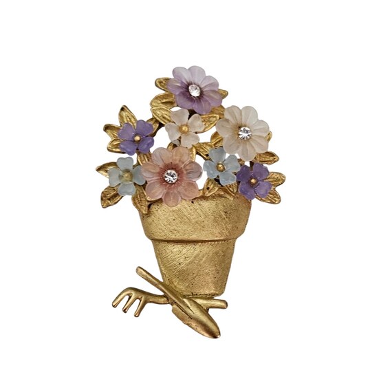 LIA Lucite Pink, Purple Blooms Garden Tools  Flower Pot Brooch Pin, Signed L496